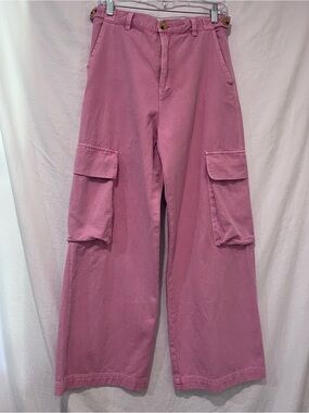 Pink Diamond Pink Wide Leg Cargo Pants | Utility Pocket Cotton Fits Like US 6